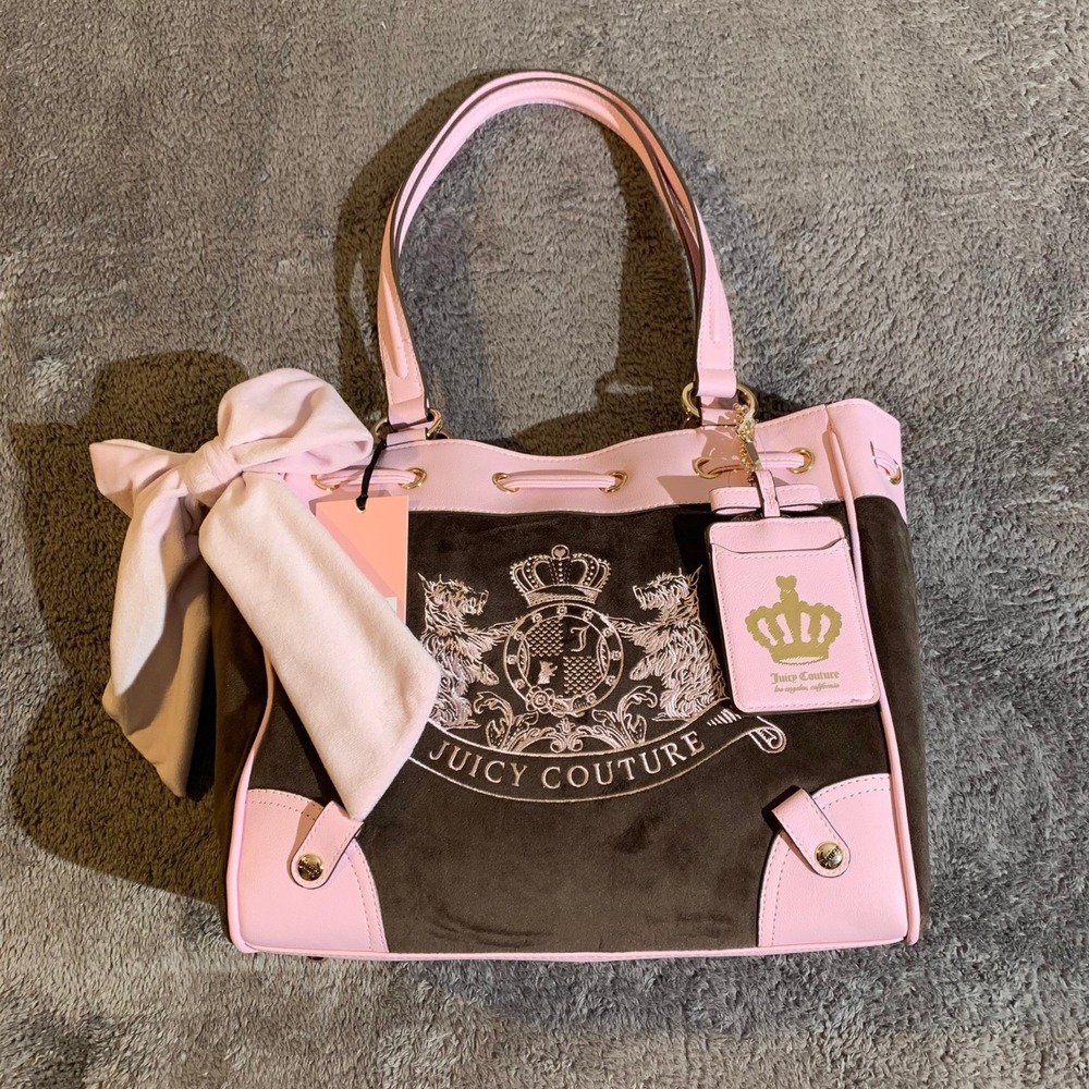 Juicy Couture Classic Y2K Tote Chocolate Pink Velour Bow Bag NEW - Picture 1 of 12